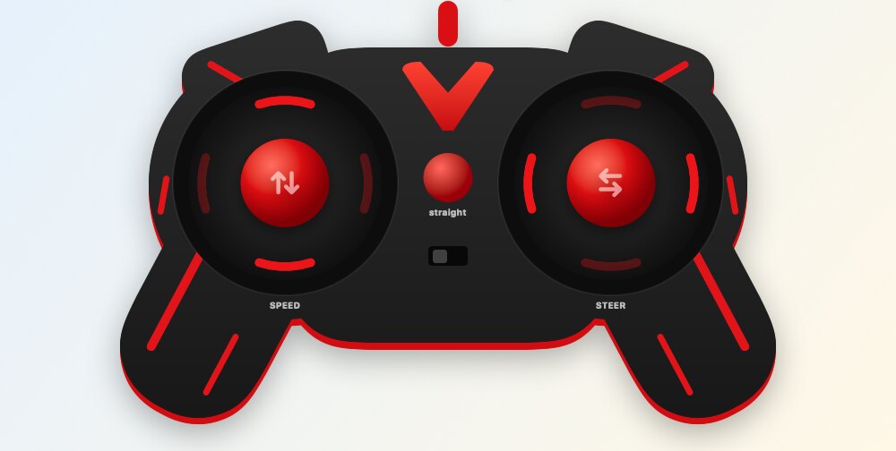 The Joysticks remote in Spiky RC: a black and red game controller with a drive stick on the left and a steer stick on the right