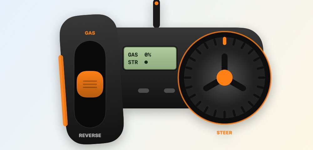 Turbo: a black and orange pistol-grip radio with a trigger, a small screen and a steering wheel