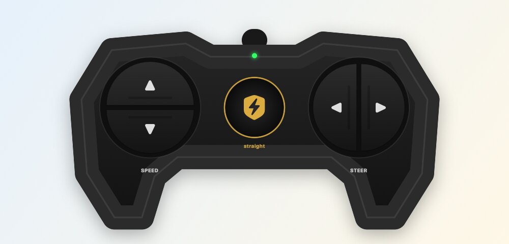 Carbon: a dark remote with two round pads and a gold badge